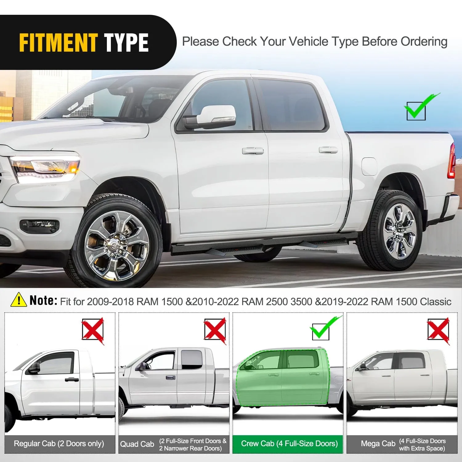 2007-2021 Toyota Tundra CrewMax Cab Running Boards 3.6 Inch Drop Side Steps Bolt-on Black Powder Coated