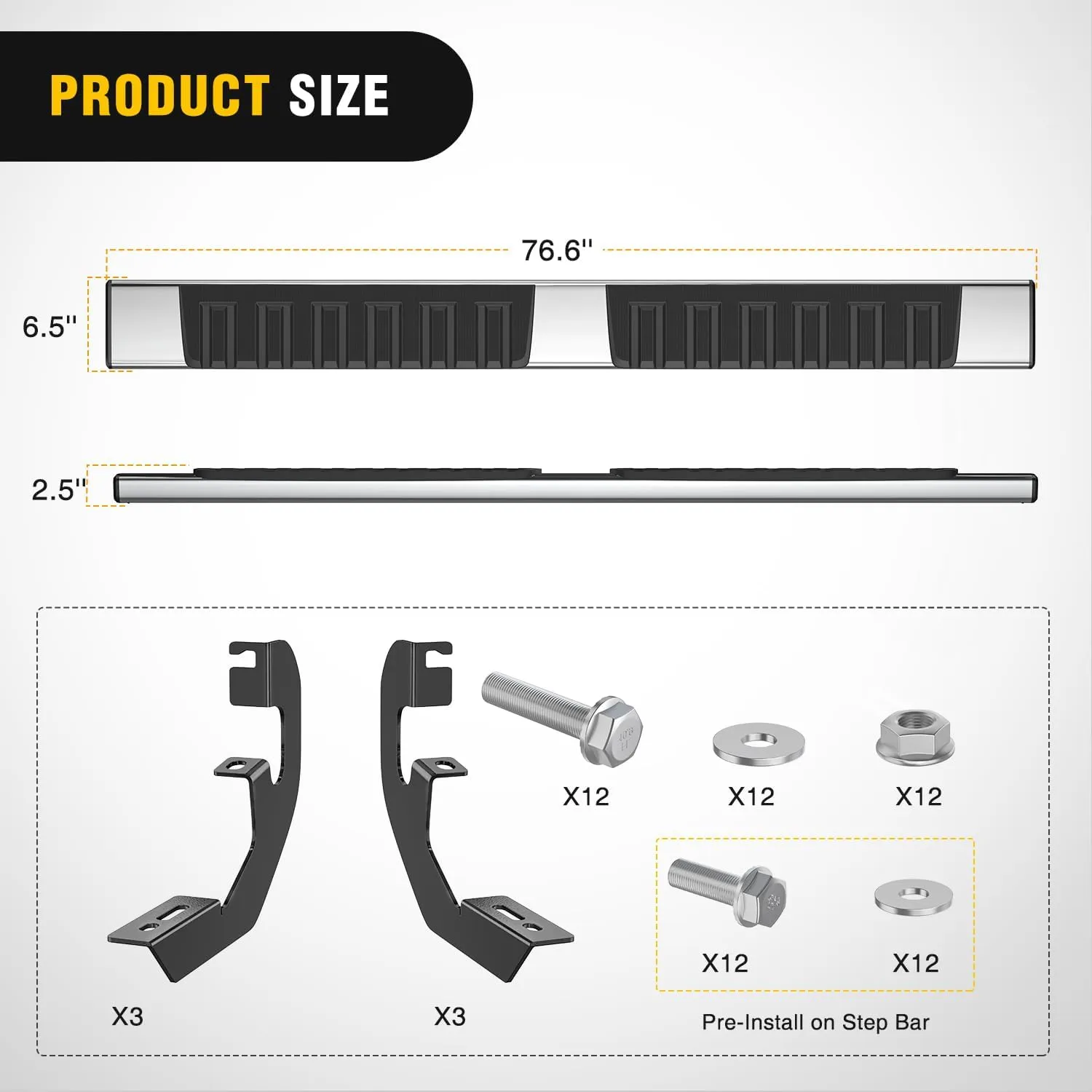 2019-2024 Chevy Silverado/GMC Sierra 1500 Double Cab 2020-2024 Silverado/GMC Sierra 2500HD 3500HD 6 Inch Stainless Steel Bolt-on Side Step Nerf Bars Running Boards