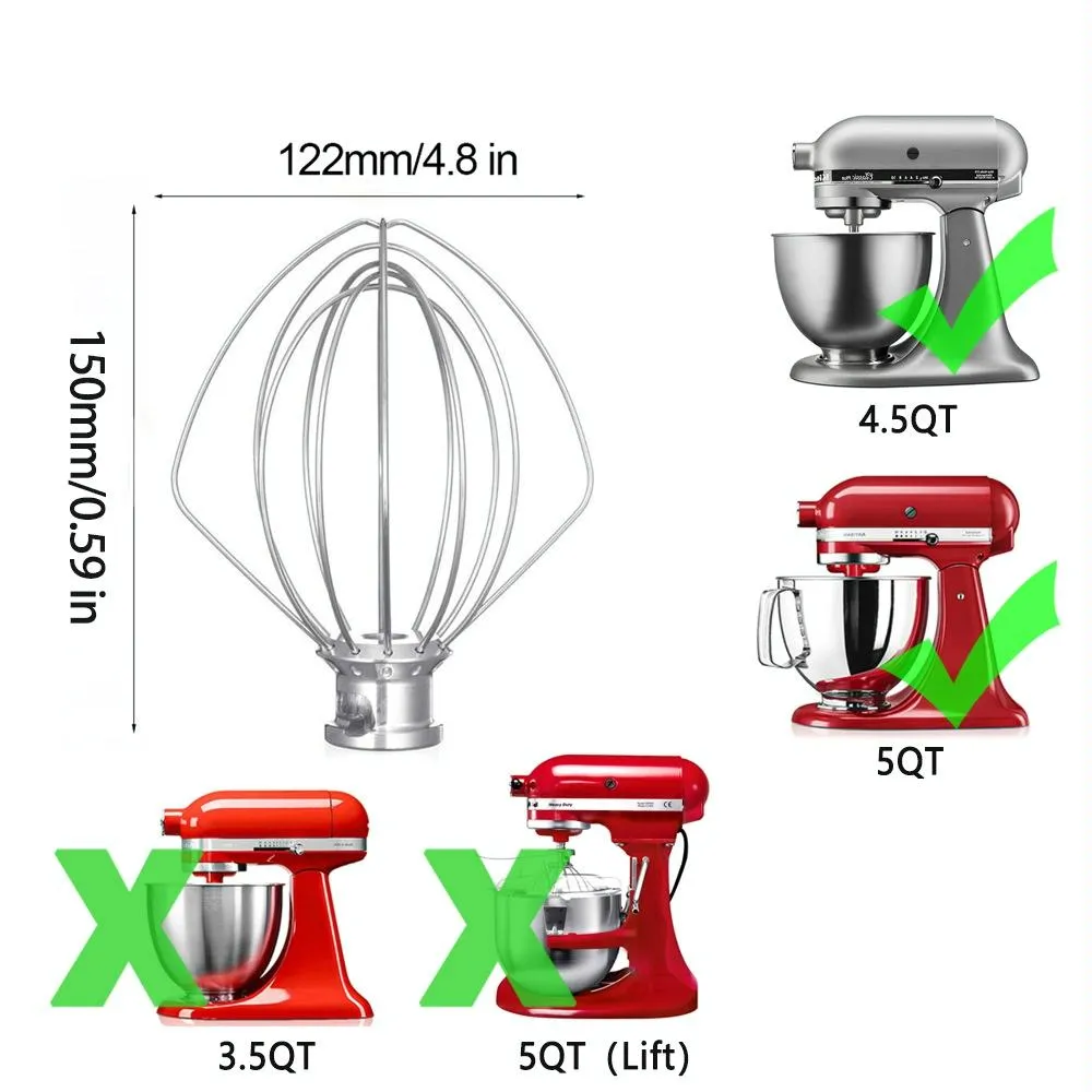 5Qt Stand Mixer Whip & Whisk Set Stainless Steel Accessories