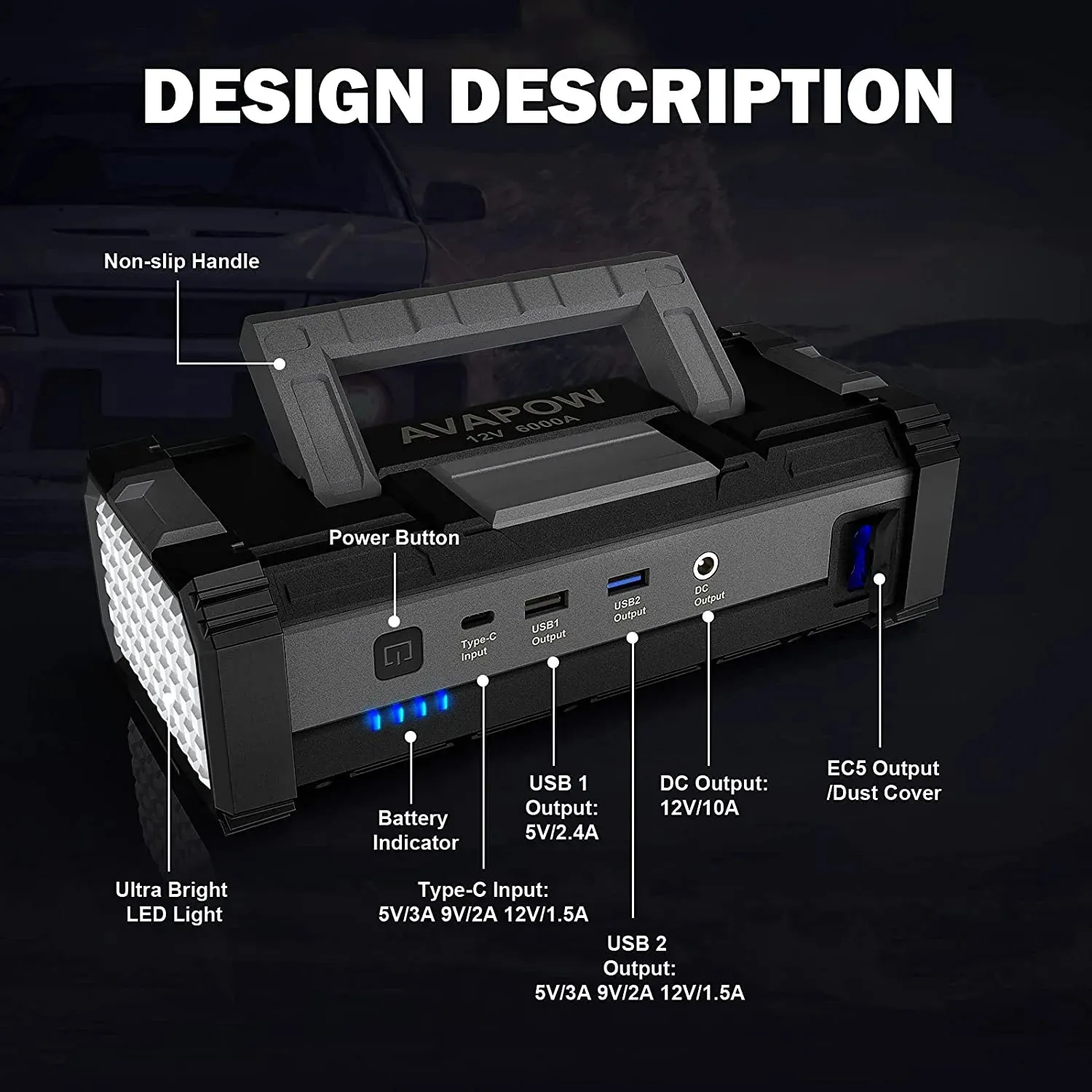 AVAPOW 6000A Car Battery Jump Starter(for All Gas or up to 12L Diesel) Powerful Car Jump Starter with Dual USB Quick Charge and DC Output,12V Jump Pack with Built-in LED Bright Light