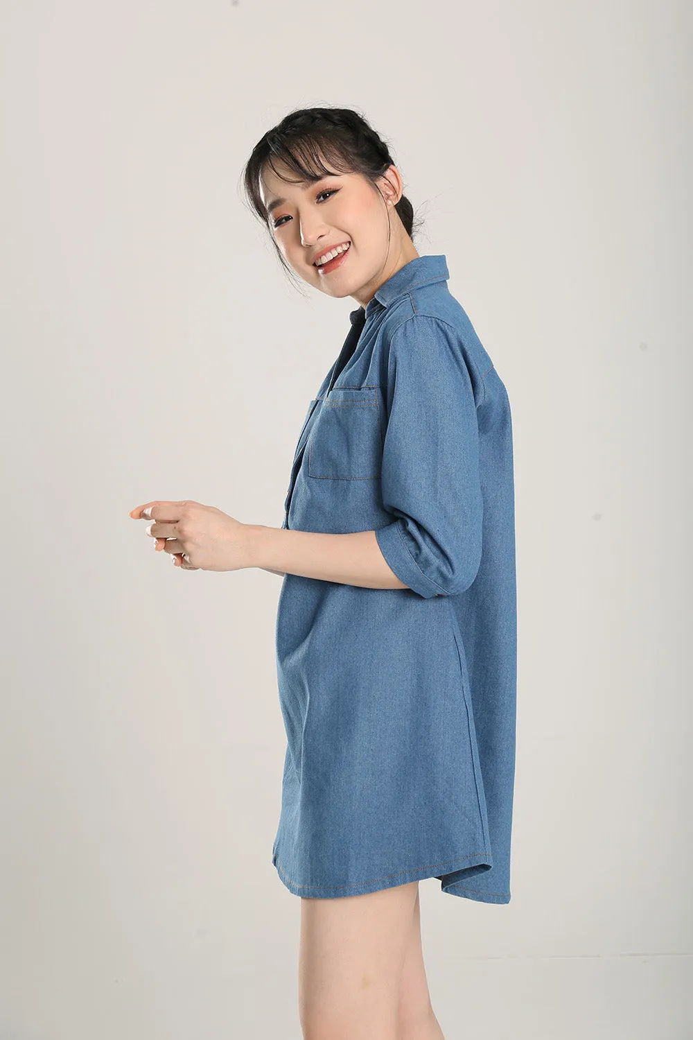 Ciely Collar Denim Shirt Dress in Mid Wash
