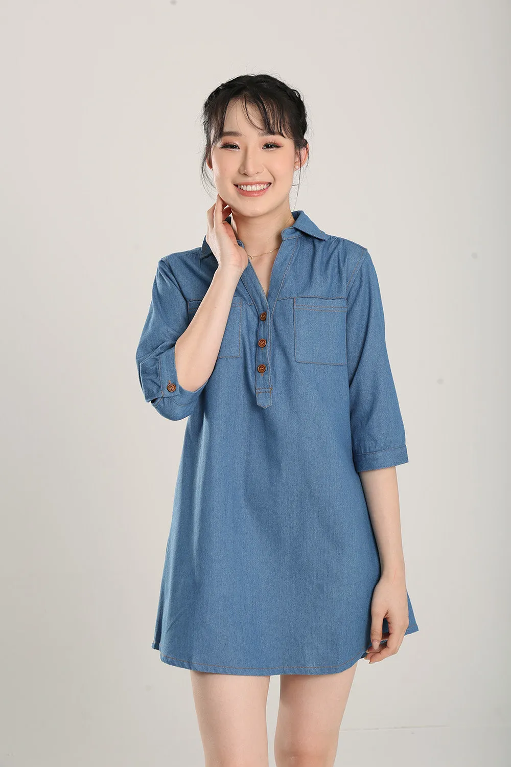 Ciely Collar Denim Shirt Dress in Mid Wash