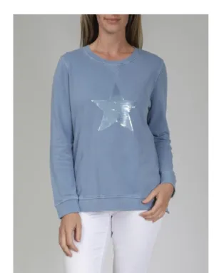 Sequin Star Sweat Top - Denim Light Blue