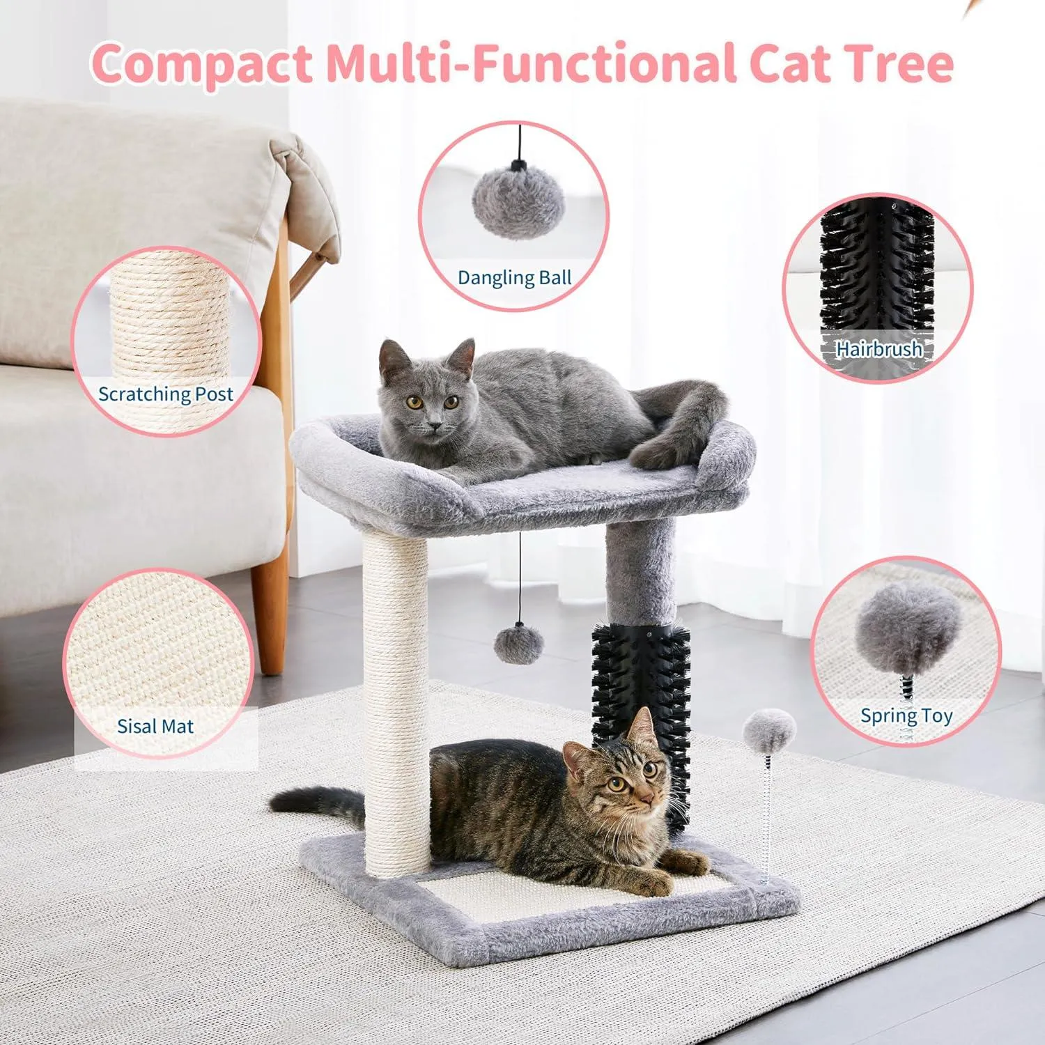 Small Cat Tree Tower 4-in-1 with Cat Self Groomer Brush